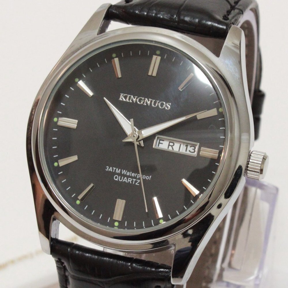 Men's Contemporary Dress Watch Silver Case Black Leather Watch Strap 40mm - Picture 10 of 13